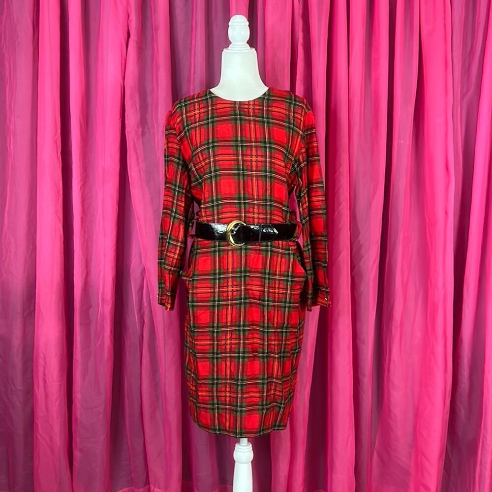 Kwai red plaid belted midi dress, size 12